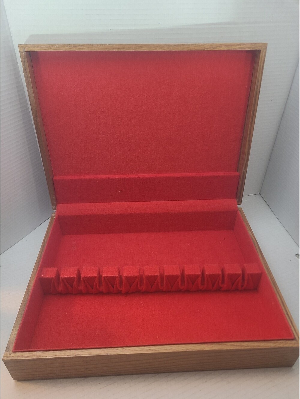 Wooden Flatware Storage Chest Red Lining 14.5" x 11.5" Vintage